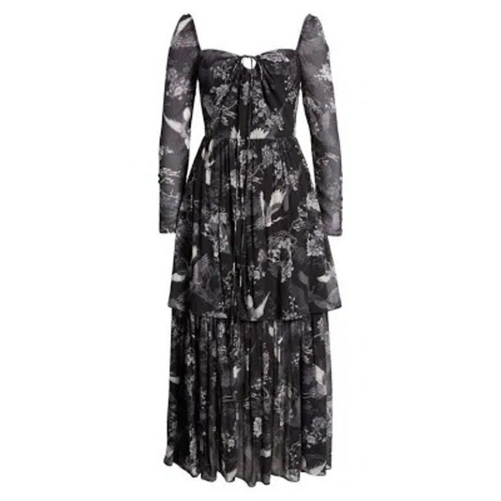 Allsaints Devyn Peggy Floral Print Long Sleeve Maxi Dress in Black, Size 6